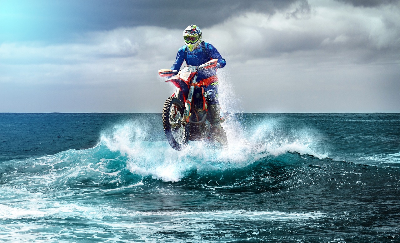 motocross, enduro, waves, wave rider, racing, motocross riding, motorcycling, run, cross, motorcycle, motorsport, vehicle, bicycle, tire, motorcycles, bike, terrain, sea, ocean, surfer, motorcycle on water, water skis, water motorcycle, surfing, water sports, athletes, hill, moving, motorcyclist, human, nature, action, sports, watercraft, over the water to, amphibious vehicle, amphibians motorcycle, surfing with motorcycle, leap, dirtbike, dirt bike, water, active, outdoors, move, photoshop, image montage, photomontage, digital art, fun, photo manipulation, spray, wet, foam, splash, blue, lake, by the sea, head, get wet, drops