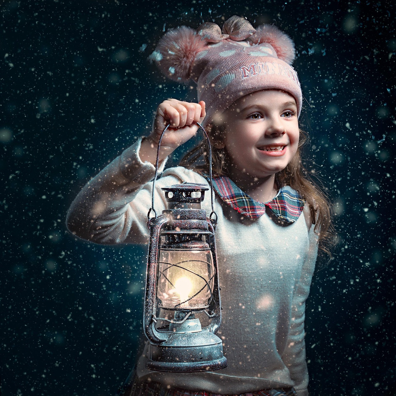 girl, portrait, winter, snow, lantern, lamp, hat, christmas, photo