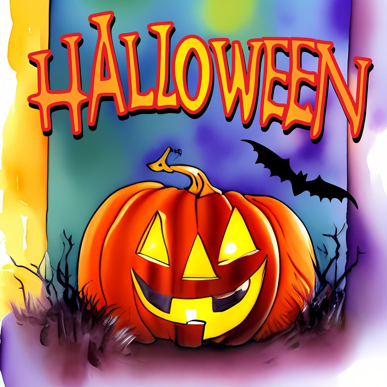 halloween, pumpkin, jack-o-lantern, postcard, decoration, watercolor, holiday, october 31, all saints' day, autumn, drawing, painting, design, decor, background, banner, bat, lantern