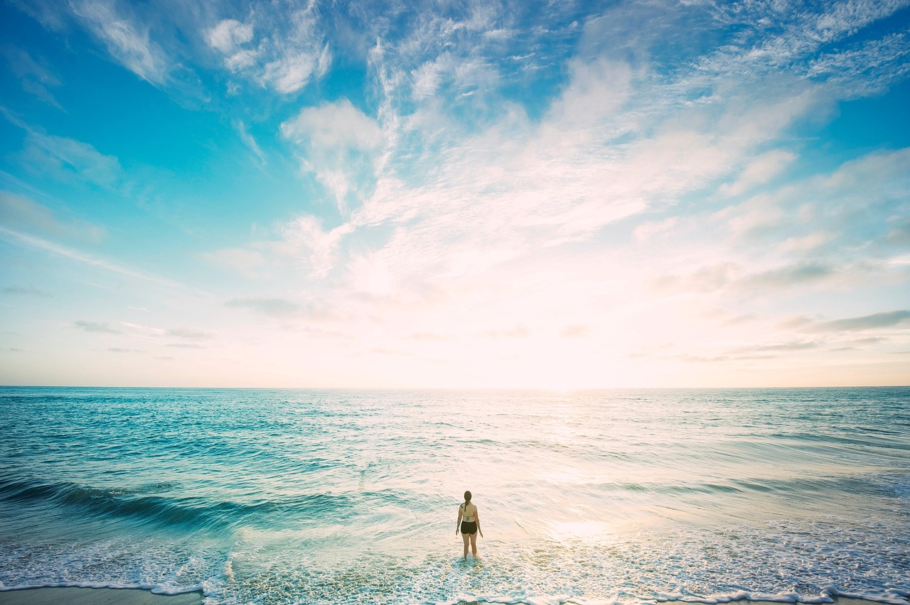 beach, woman, horizon, sky, clouds, sea, ocean, waves, solitude, solitary, seascape, shore, seashore, stand, standing, nature, outdoors, sand, water