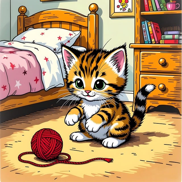 kitten, cat, pet, animal, nature, feline, mammal, kitty, cute, adorable, domestic, young, playful, cartoon, yarn, bedroom, inside, indoors, playing, happy, fun, joy, ai generated, copy space