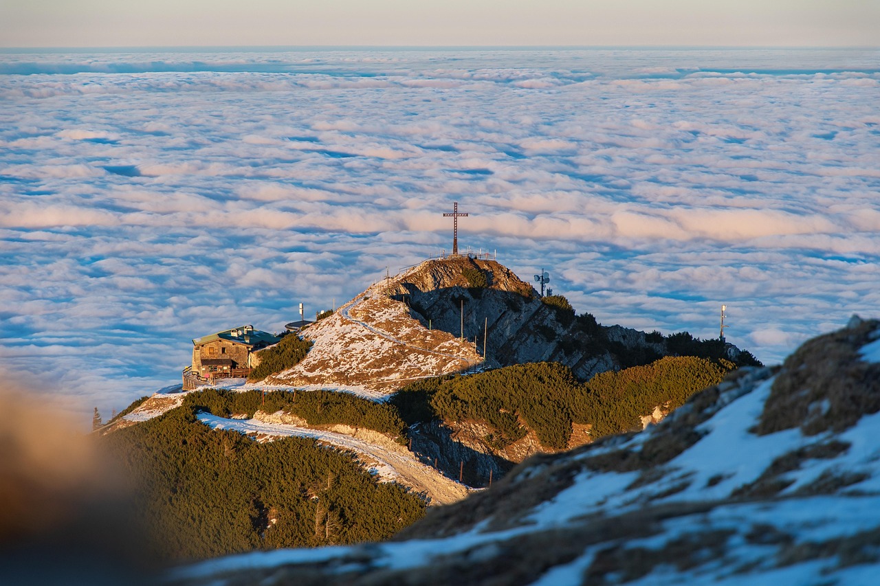 mountains, cross, unterberg, alpine, alps, sea of clouds, clouds, summit, peak, landscape, fog, scenery, nature, salzburg, austria