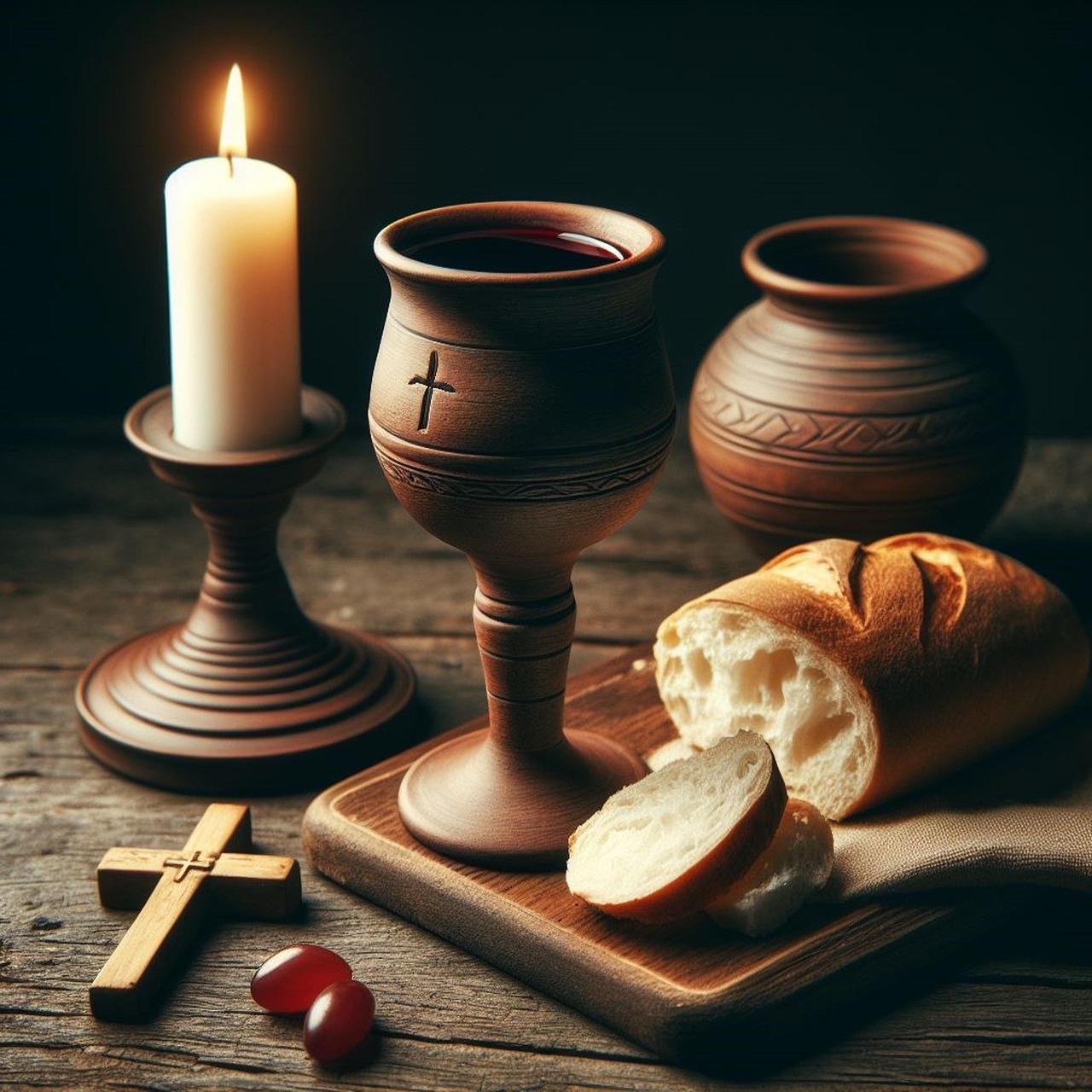 bread, wine, church, communion, last supper, food, drink, religion, eucharist, cup, faith, jesus, christ, symbols, sacred, holiness, rites, celebration, candle, ai generated