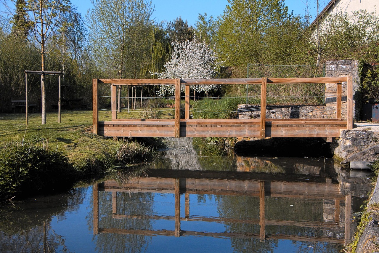 bridge, drink, river, tree, passage, wooden bridge, water courses, water, cross, châtel-censoir, burgundy