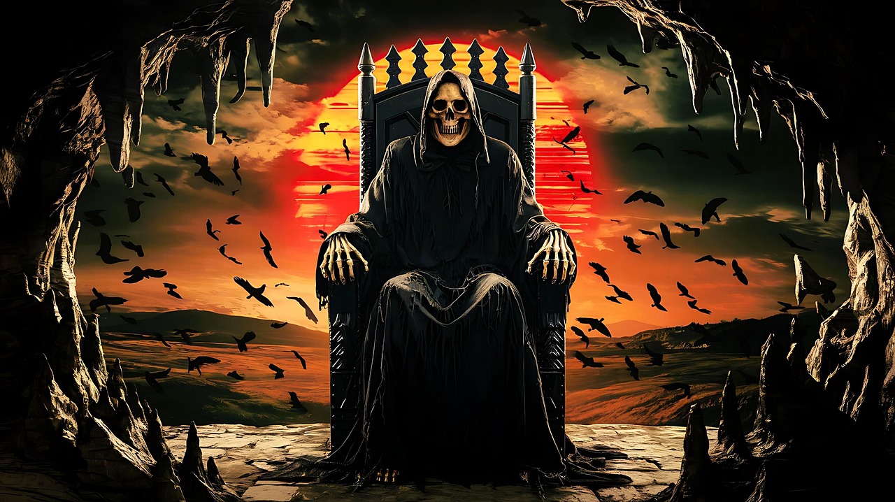 ai generated, grim reaper, fantasy, halloween, horror, reaper, spooky, dark, skeleton, scary, gruesome, mysterious