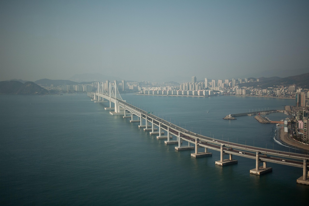 bridge, landscape, busan, gwangan bridge, ocean, haeundae beach