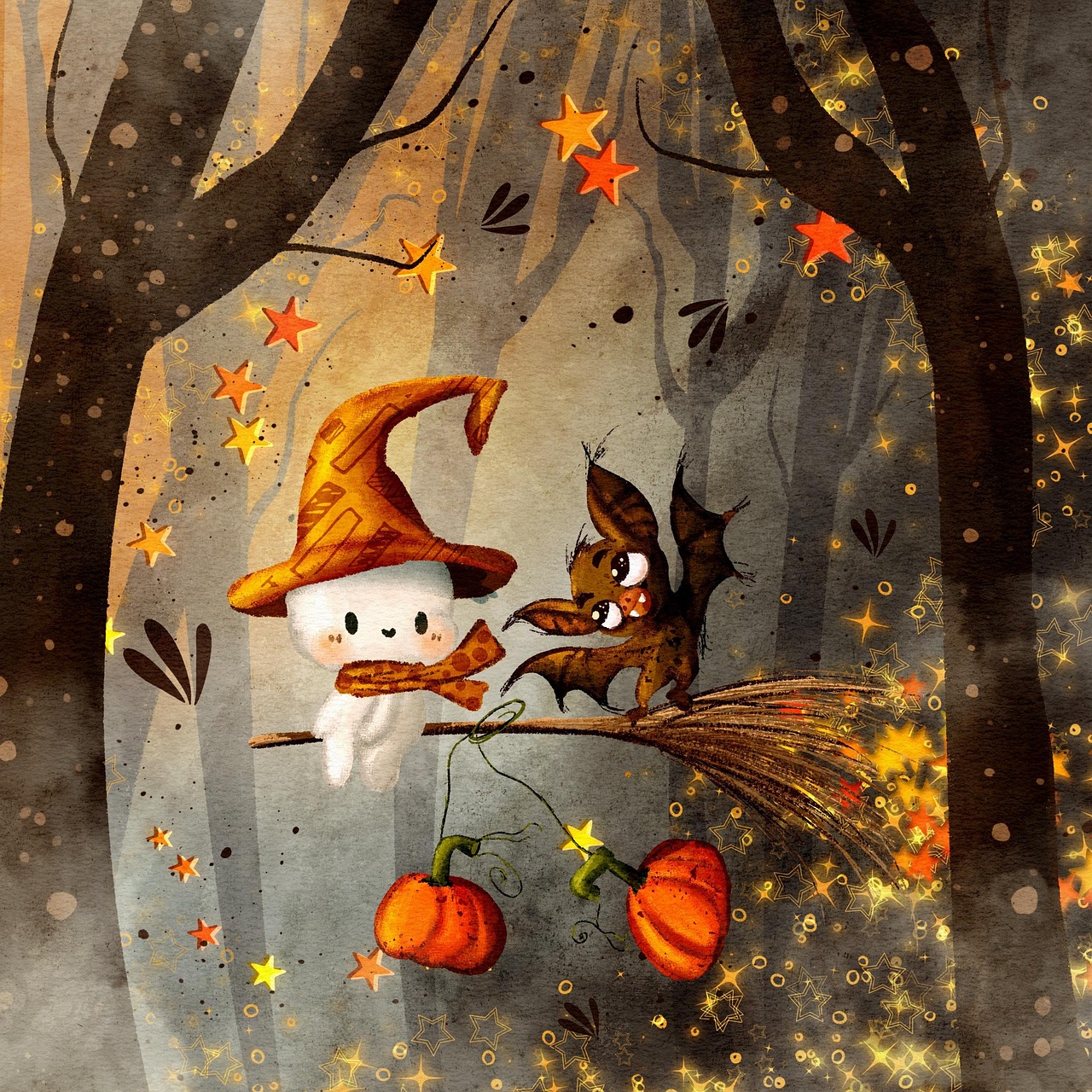halloween, ghost, bat, cute, spooky, broom, pumpkin, fog, forest, magic, drawing, design