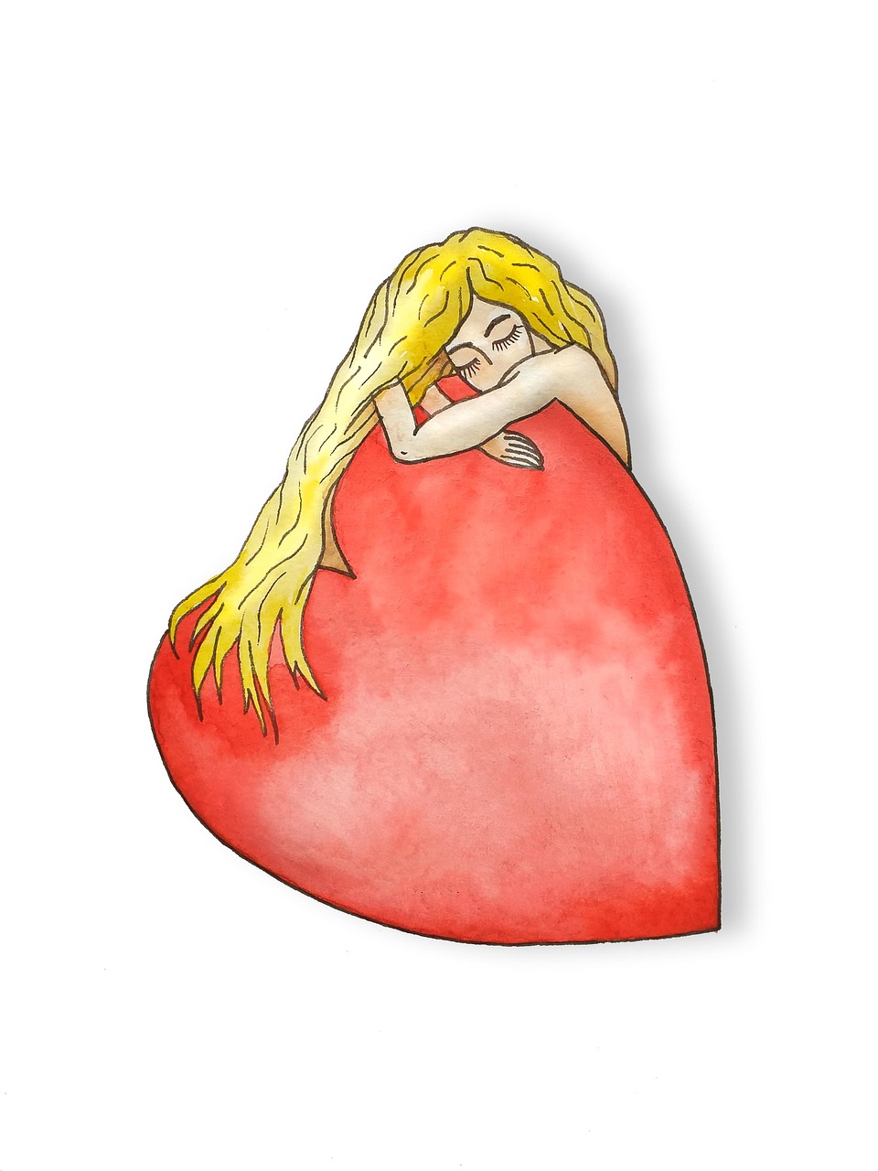 love, hug, a heart, feelings, isolated, novel, woman, tenderness, cherish, romantic, watercolor, drawing, sketch, young woman, romance, nicely, save, loyalty, relationship, silhouette, scarlet, element
