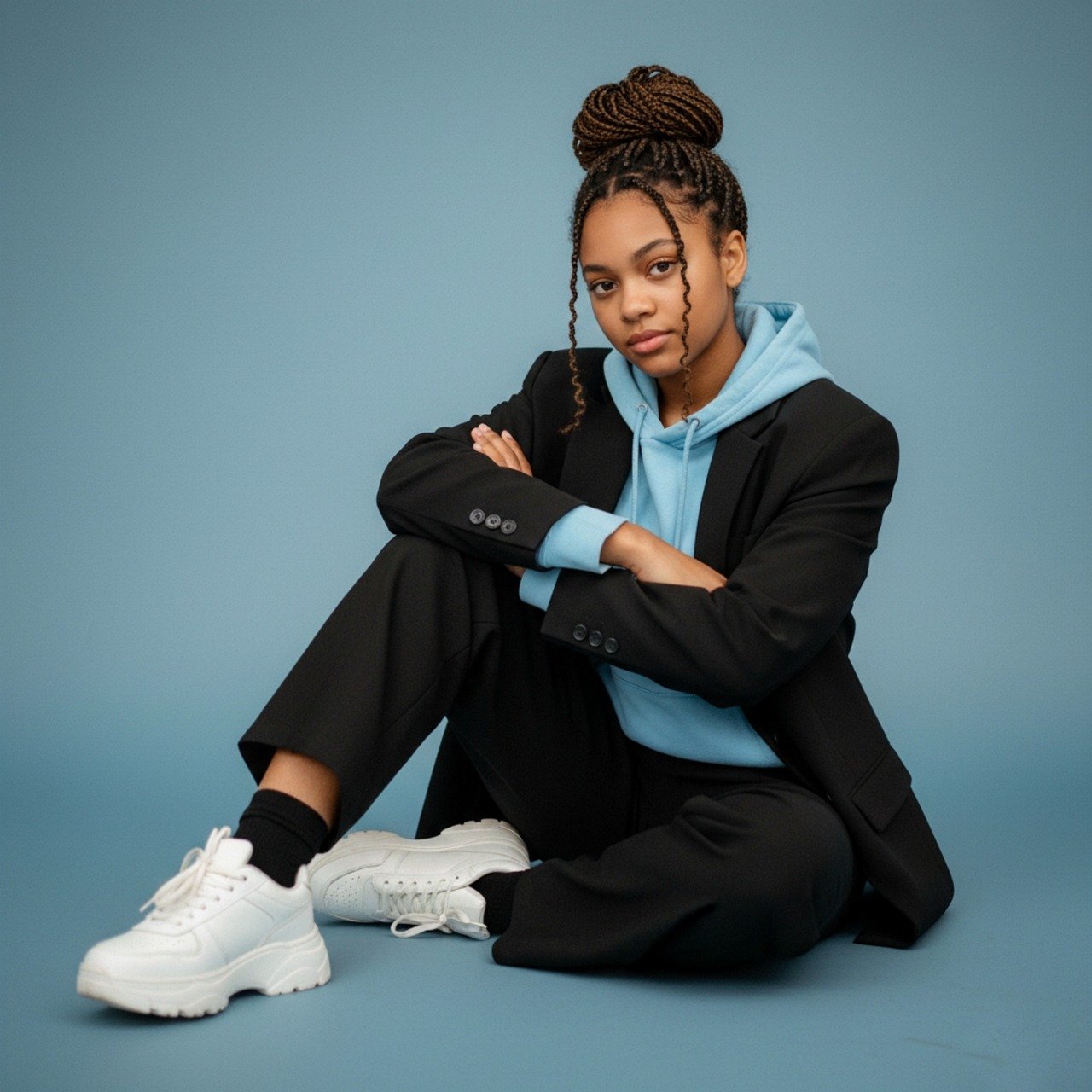 sky blue hoodie, blue hood, blazer fashion, stylish woman, beautiful lady, trendy outfit, casual fashion, female model, fashion look, chic style, modern clothing, young woman, fashion girl, urban fashion, stylish female, youth fashion, trendy woman, cool outfit, beauty model, fashion portrait, fashion style, elegant woman, attractive woman, fashion photography, ai generated