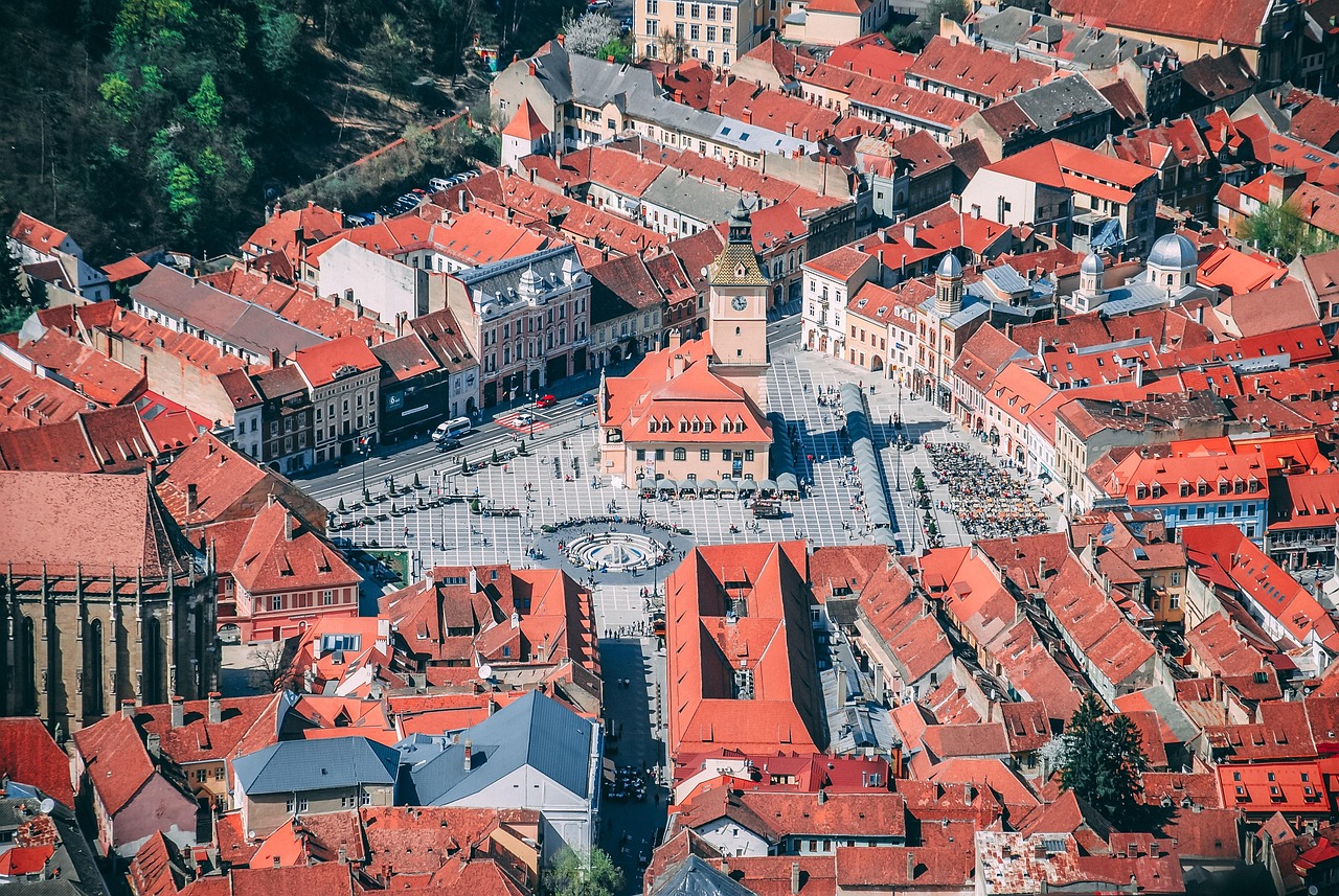 buildings, city, aerial view, bird's eye view, brasov, romania, transylvania, architecture, europe, tourism, urban, town, historic, streets, cityscape, travel