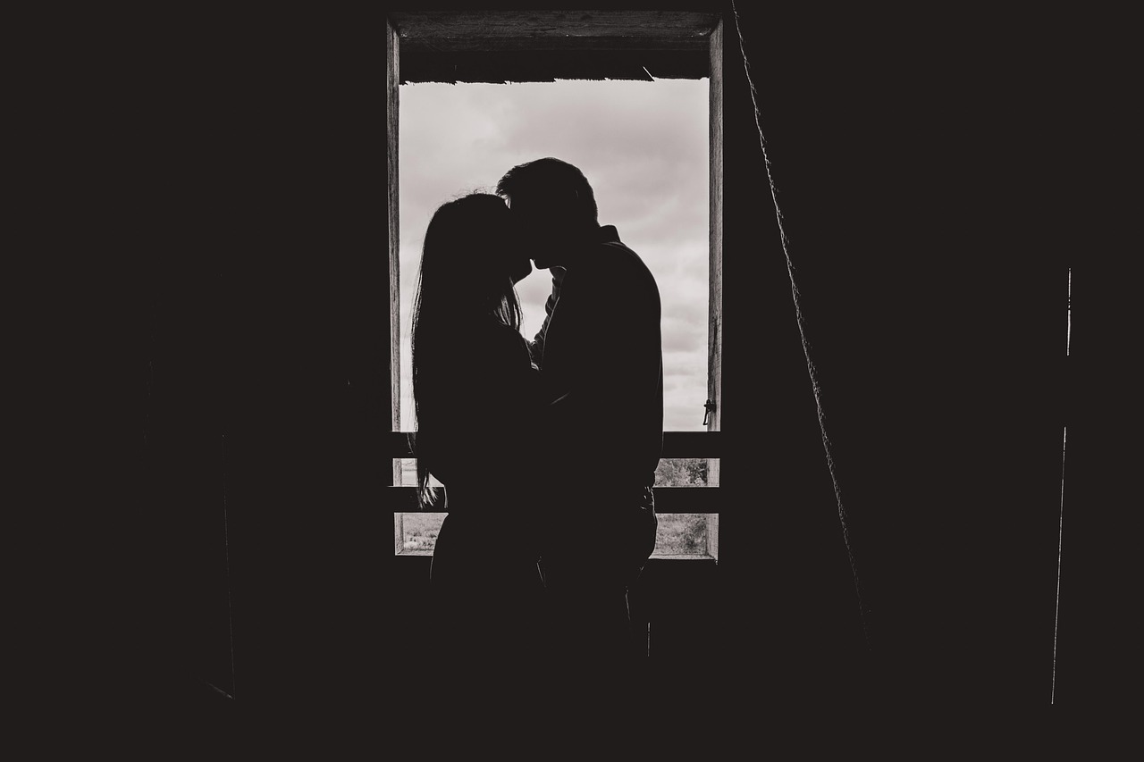couple, lovers, love, kiss, together, black and white