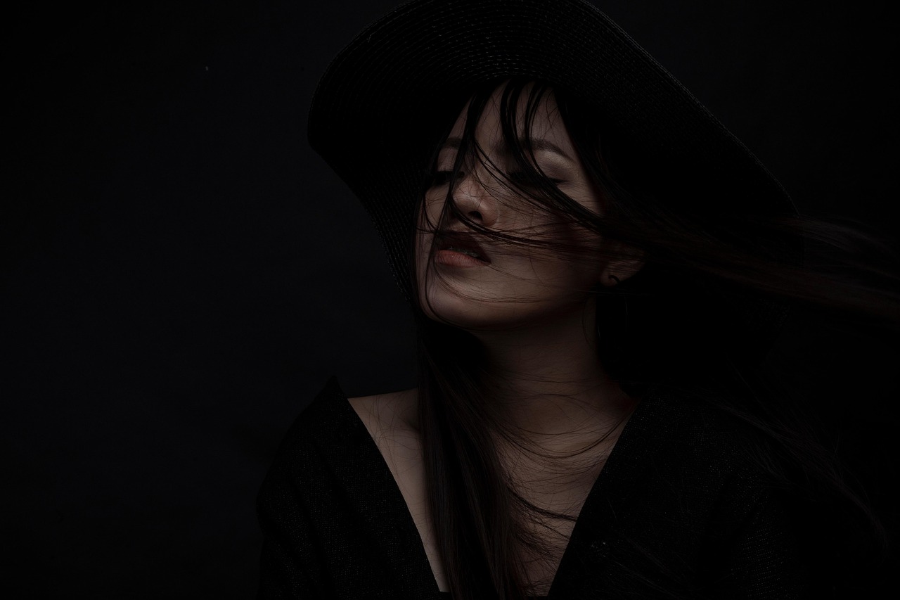 woman, model, portrait, black dress, black hat, pose, style, fashion, posing, young woman, girl, modeling, female, woman portrait, black background