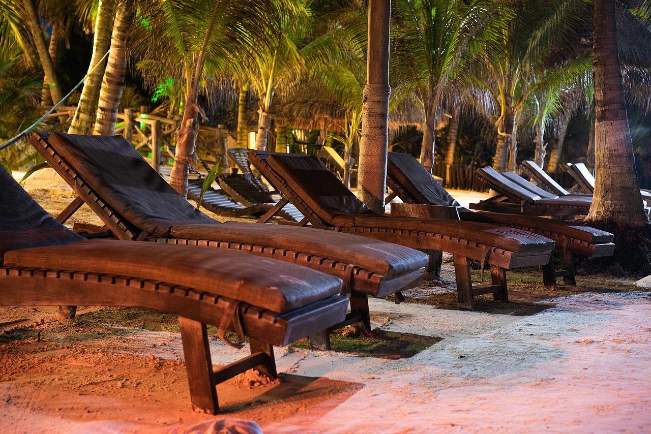 beach, palms, sand, pallet, rickety bed, brown bed