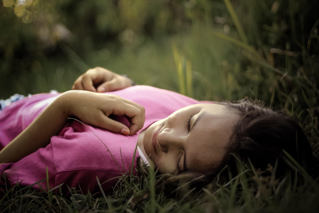 woman, young, grass, smile, joy, relaxing, lying, light