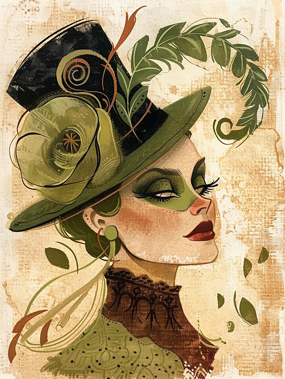 ai generated, sophisticated, woman, vintage, green hat, oversized flower, swirling foliage, bold makeup, dramatic eyeliner, red lipstick, refined expression, textured background, rich colors, artistic, fashion-forward, elegant style, portrait