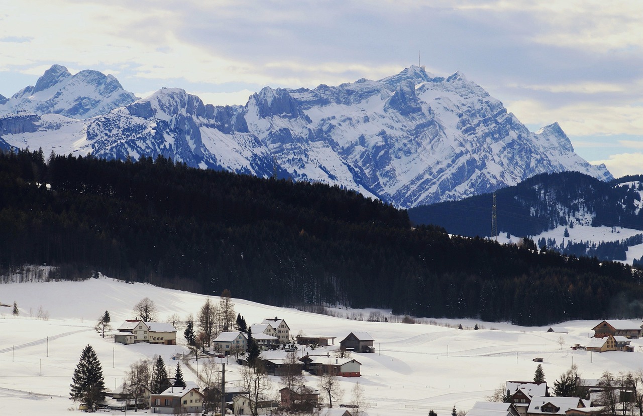 santis region, snowy landscape, settlement, village, snow, tops, mountain, black forest, mountain landscape, alpine villages