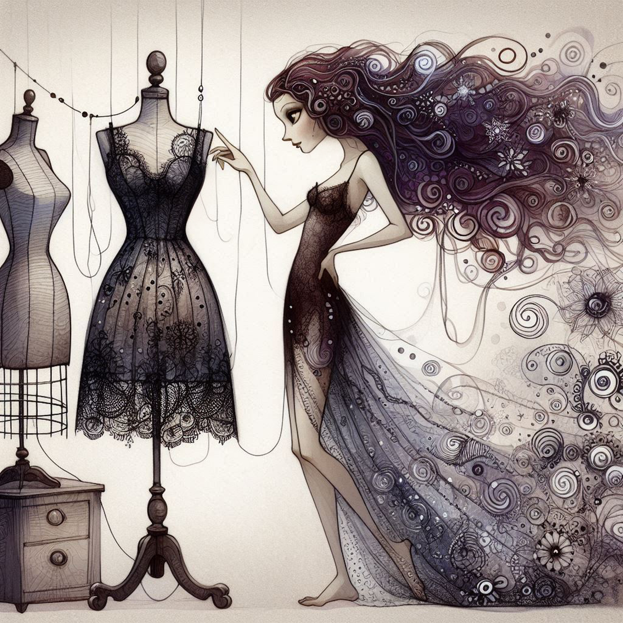 ai generated, lace, dress, whimsical, mannequin, dress form, slip, abstract, cute, curly hair, purple hair, fashion, model