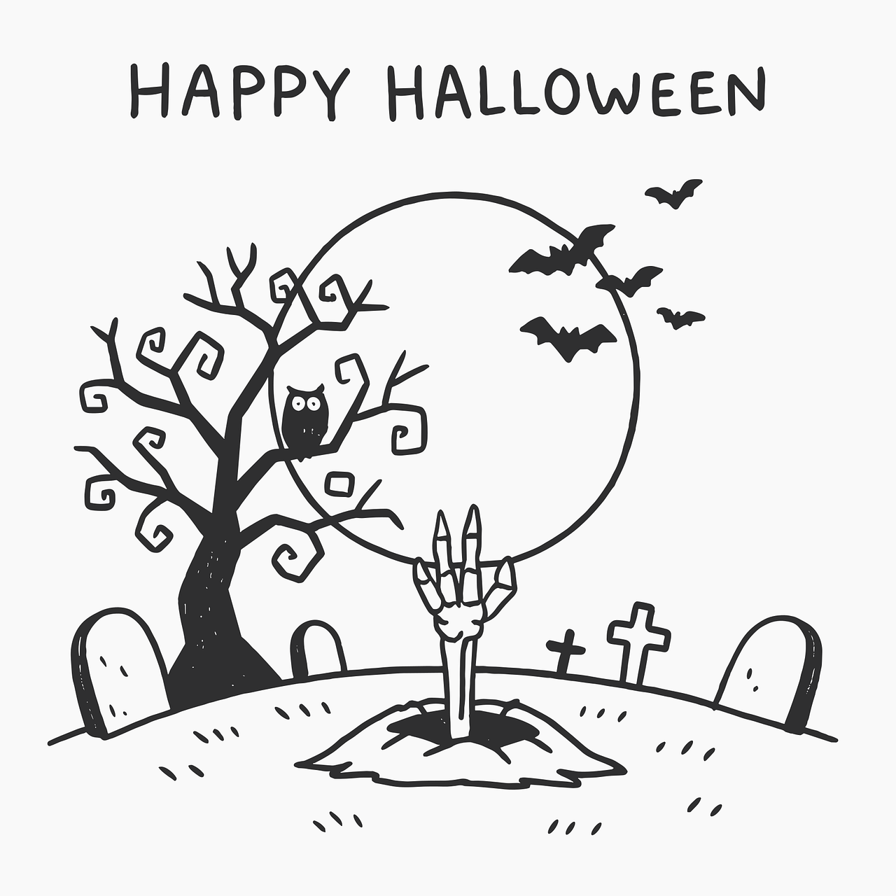 happy halloween, halloween art, graveyard, tombstones, bar tree, owl, full moon, bats, spooky scene, hand rising from grave, black and white illustration, eerie atmosphere, holiday greeting, halloween drawing, festive, haunted, cartoon art, ai generated