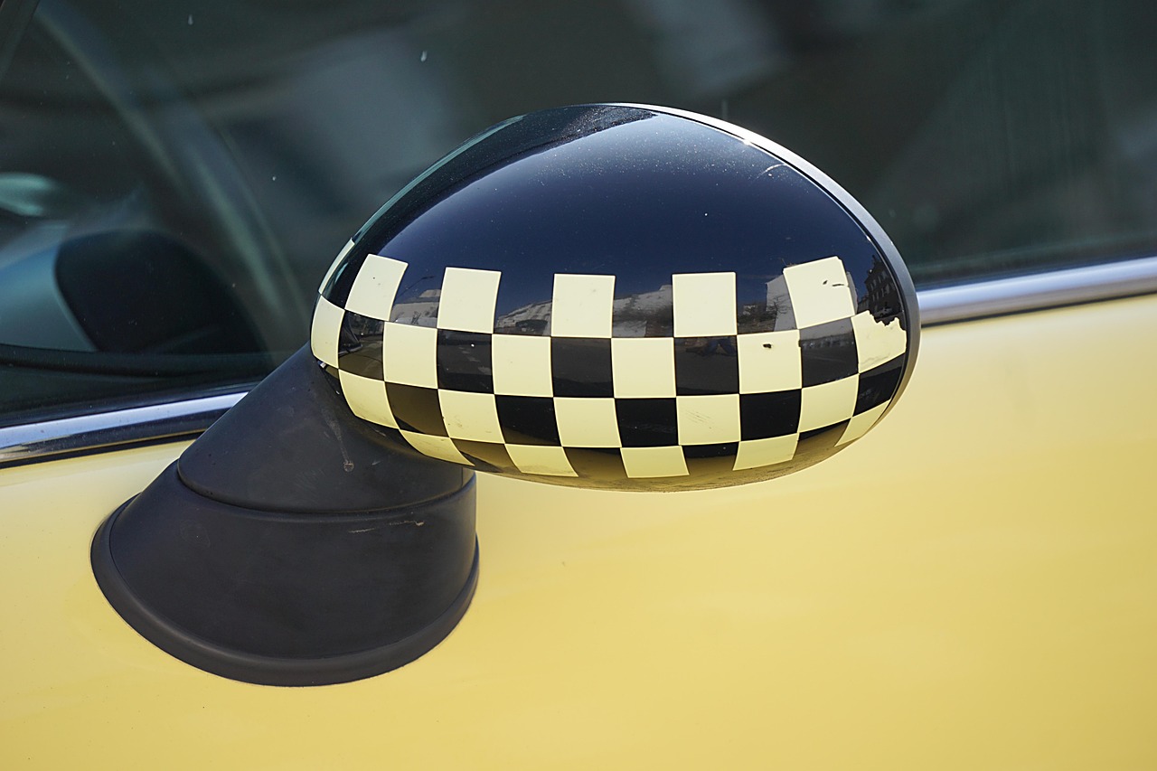 car, rear view mirror, checkerboard, black, yellow, mirror, conduct