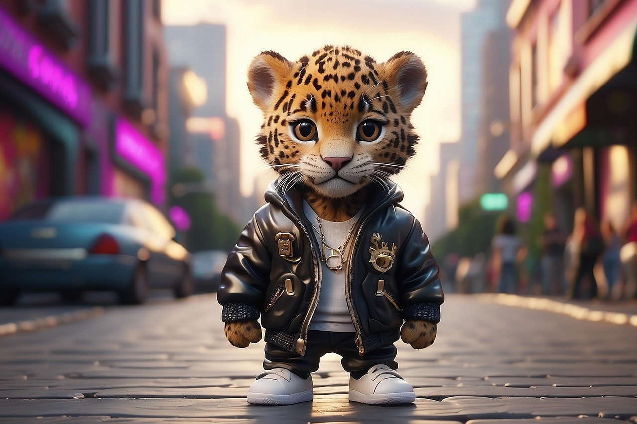 ai generated, tiger, fashion, landscape, road, side walk, cobblestones, perspective, city, roadway
