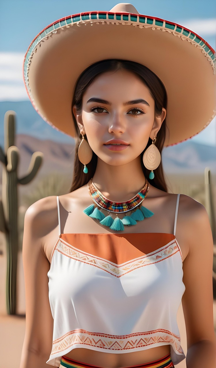 ai generated, girl, portrait, mexican, beauty, sombrero, cacti, desert, hat