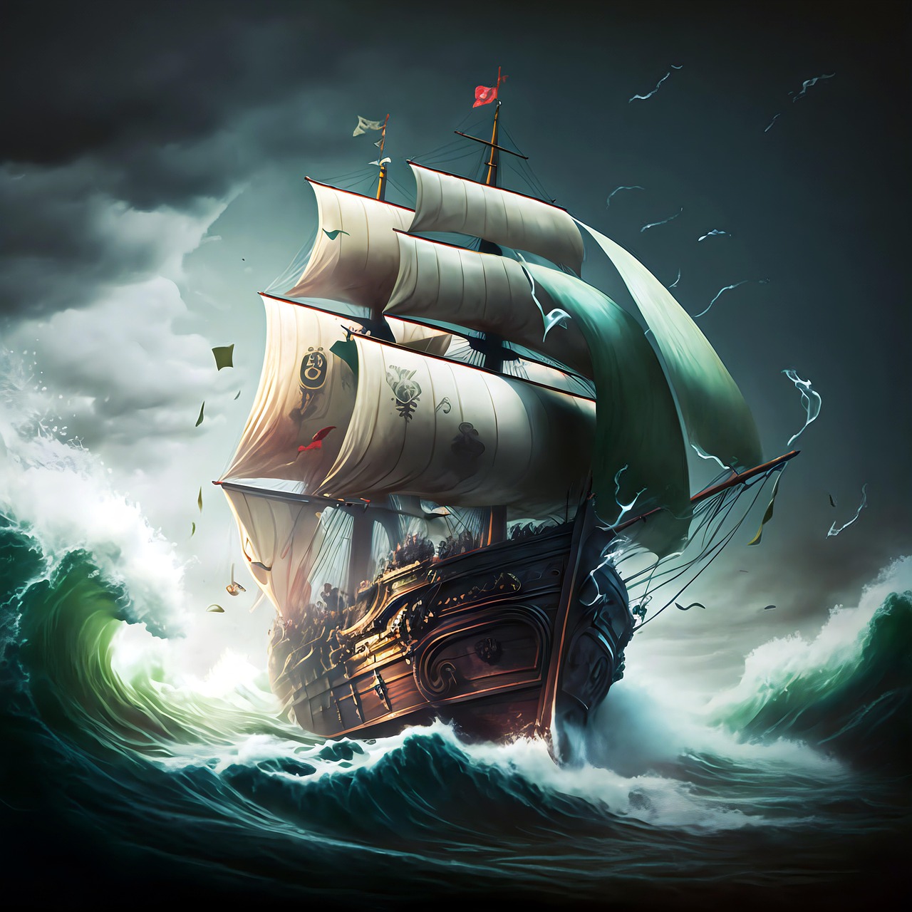 ai generated, caravel, boat, sea, ocean, waves, rough waves, stormy, ship, sails, water, nature
