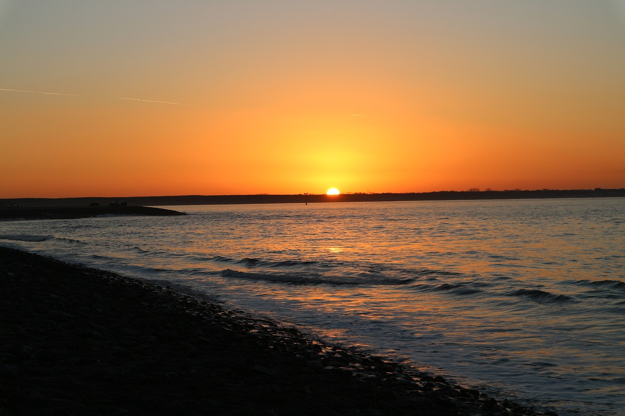 sunset, beach, sea, water, twilight, north sea, nature, waves, abendstimmung, romantic, vote