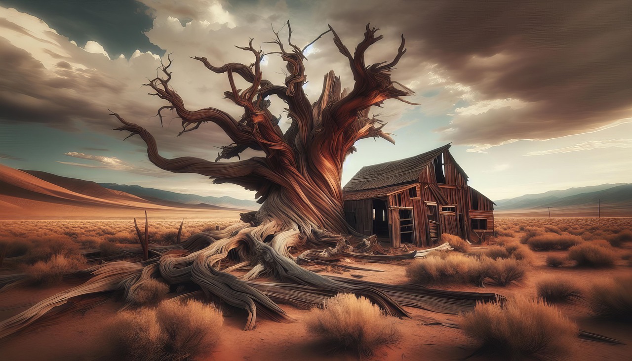ai generated, tree, house, desolate, prehistoric, nature, landscape