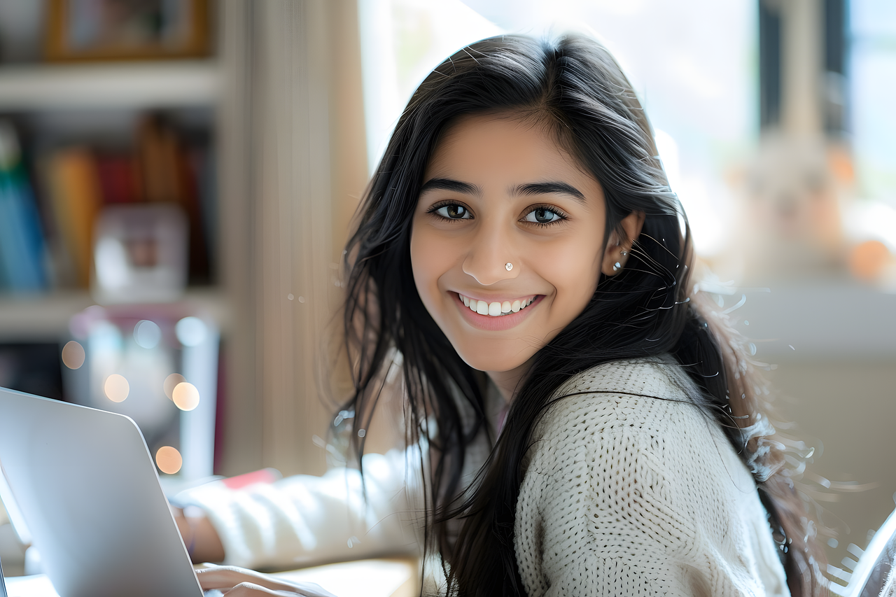 ai generated, woman, work, beauty, desk, laptop, workspace, learn, internet, teaching, e-learning, portrait, pupil, distance learning