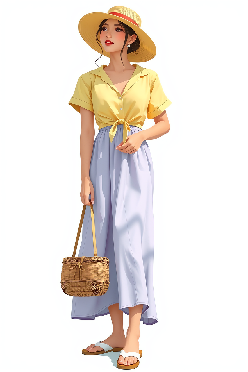 woman, summer, dress, hat, basket, fashion, elegance, beauty, sun, beach, style, light clothing, drawing, portrait, candy, holiday, femininity, charming, silhouette, generated