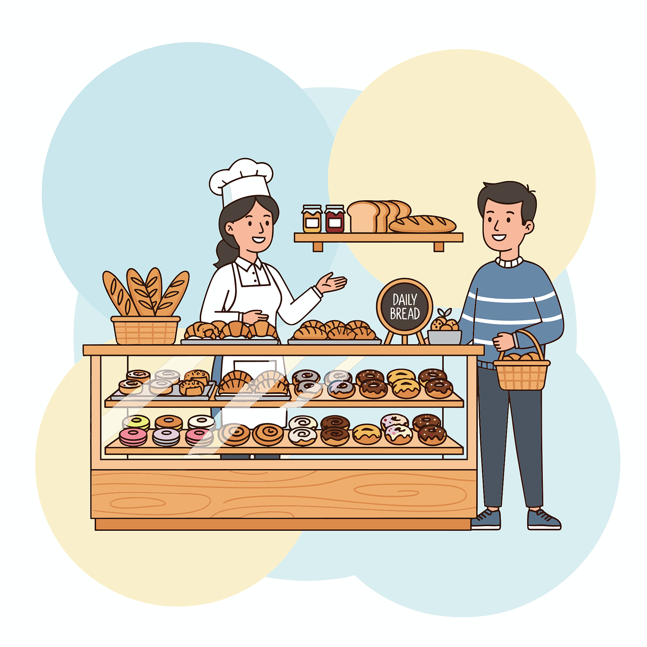 bakery shop, local bakery, street shops, flat illustration, baked goods, market scene, small business, pastry selection, customer interaction, delicious pastries, shop atmosphere, bakery market, fresh bread, bakery variety, ai generated