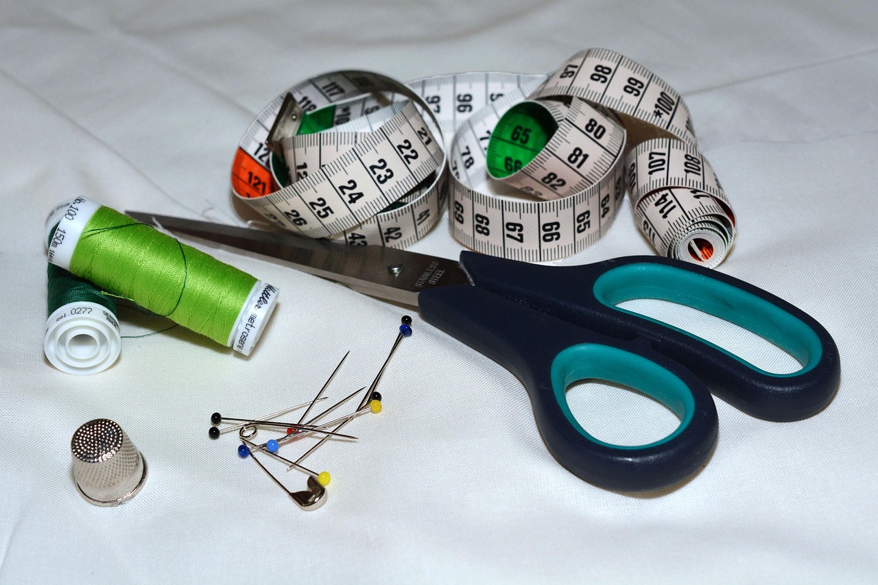 scissors, measuring tape, thread, needles, thimble, sew, sewing material, clothcraft
