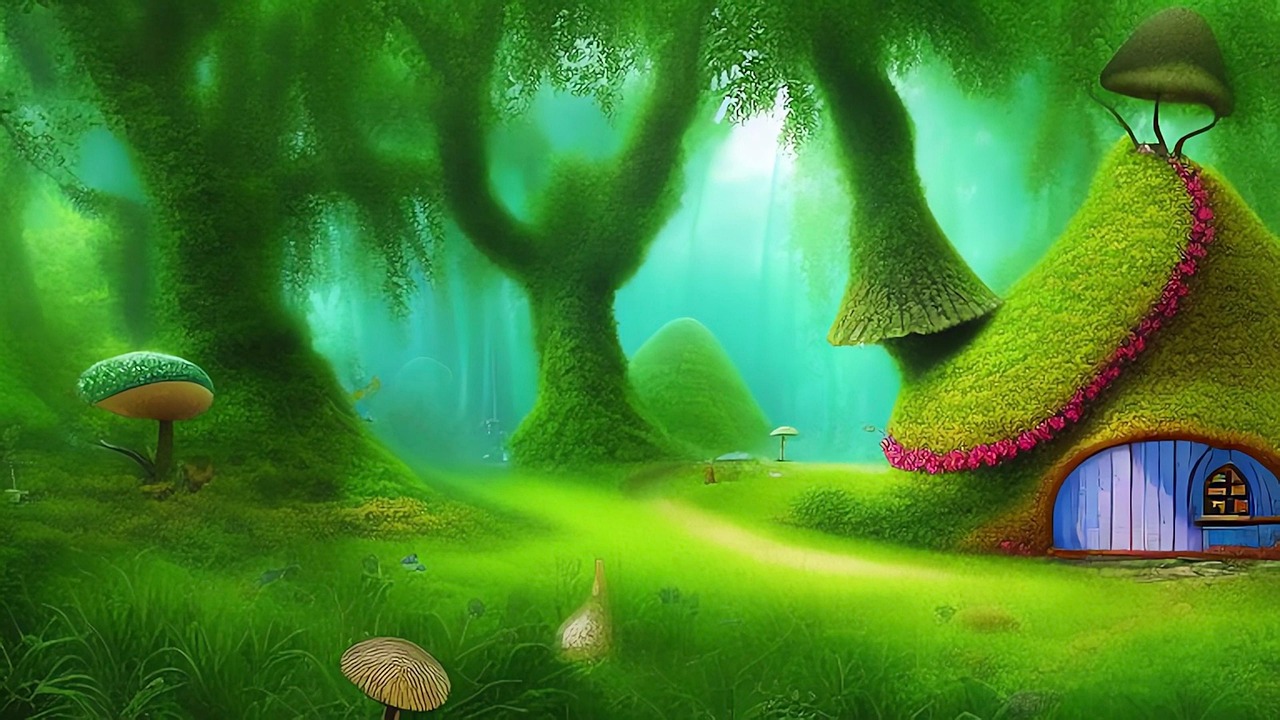 mushroom house, forest, fantasy, mushrooms, trees, nature, fantasy land, landscape, fairy tale, imp, dwarfs