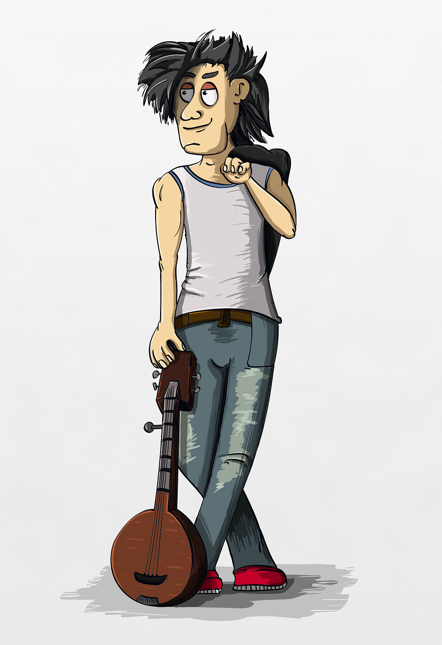banjo, boy, pose, bandit, musician, musical instrument, cartoony, the character, disheveled, faded jeans, cartoon character, good, stylized character, fictional character