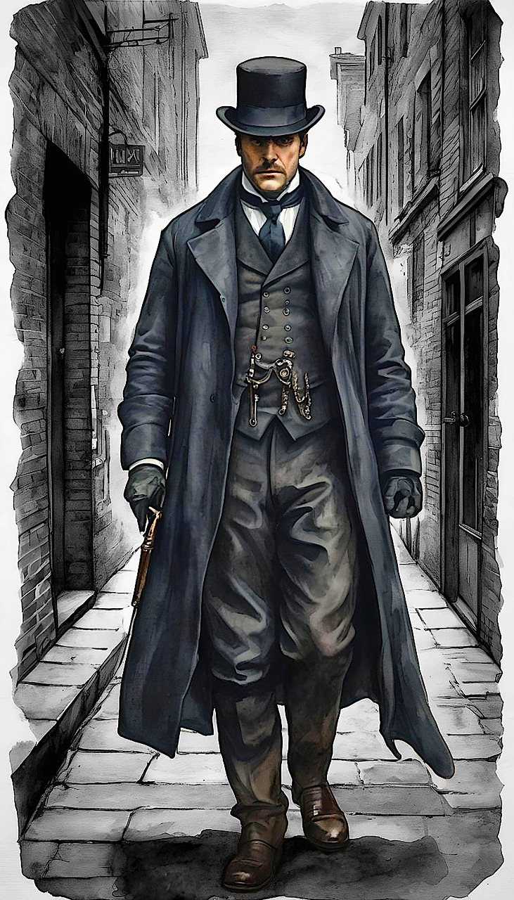 man, black, suspicious, jack, london, city, alley, creepy, fear, watercolour, ai generated