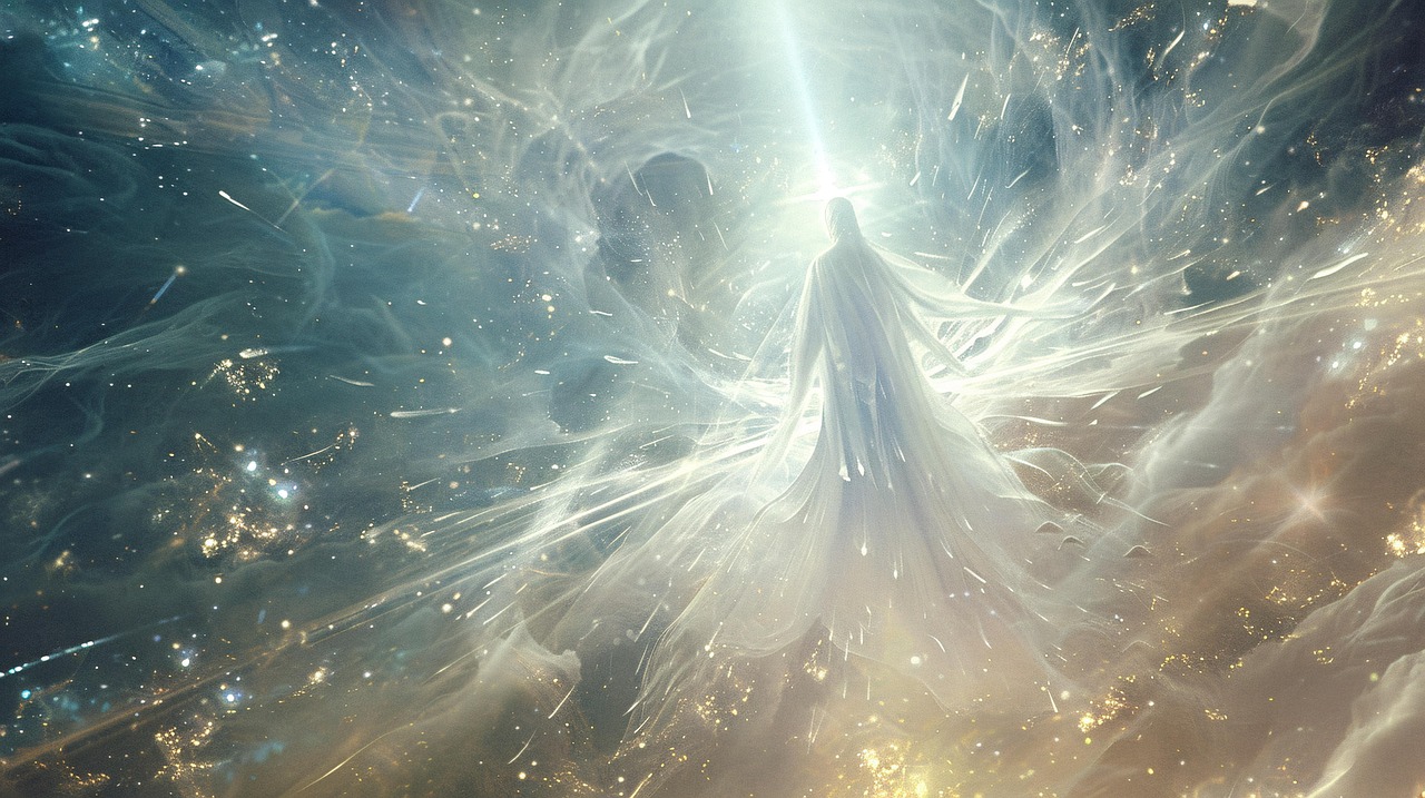 light, cosmic, ethereal, celestial, figure, stars, nebulous, glowing, divine, spiritual, transcendence, serenity, stardust, universe, otherworldly, radiant, robe, beam, illumination, beauty, celestial being, galaxy, light beam, cosmic dust, transcendent, ai generated