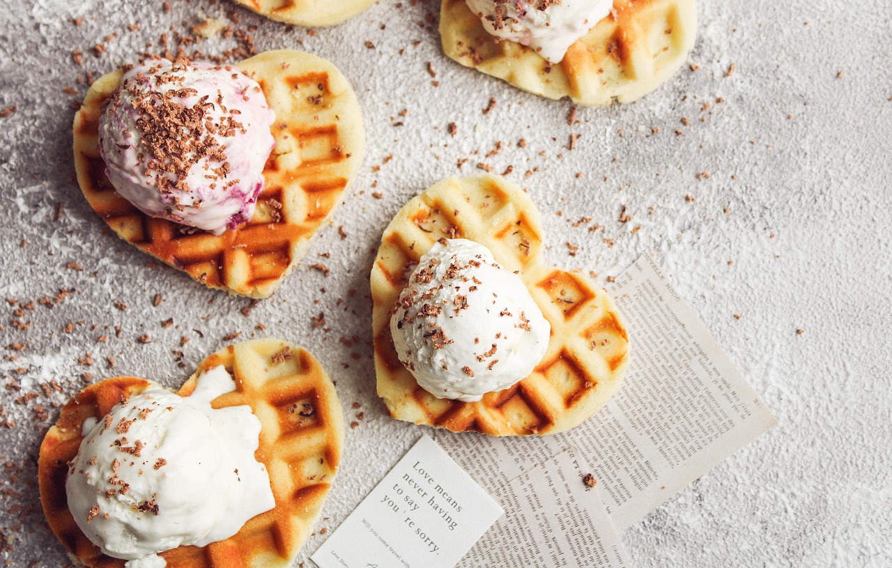 waffles, ice cream, love, romantic, heart, valentine's day, chocolate