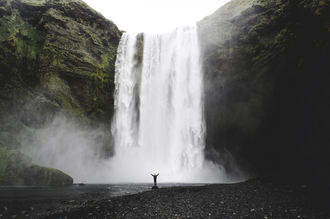 waterfalls, person, cascade, cascading, open arms, torrent, falls, cliffs, rocks, rocky, iceland, landscape, mist, nature, outdoors, river, scenic, stream, water, flow, flowing water