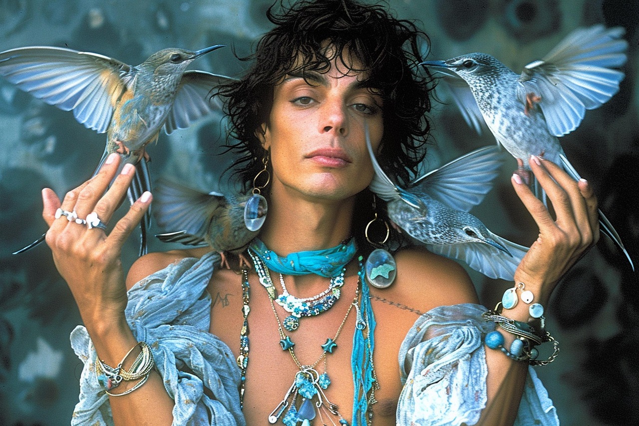 shaman, woman, art, blue, bird, bird magic, androgynous, flight, feathers, magic, fantasy, transformation, magician, ai generated