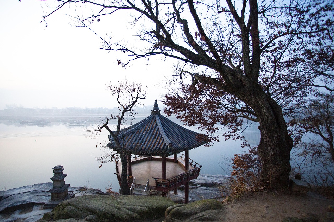 bitter melon, new maitreya company, octagonal, travel, autumn, lake, landscape, stone pagoda