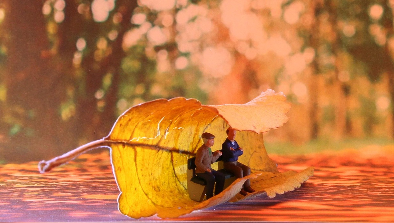 seniors, fall, miniature figures, autumn leaves, leaves, forest, pensioners, park bench, eventide, old, men, bench, break, races, entertainment, conversation, miniature figure, miniature, creative, toy figure, model construction figure, lüttje