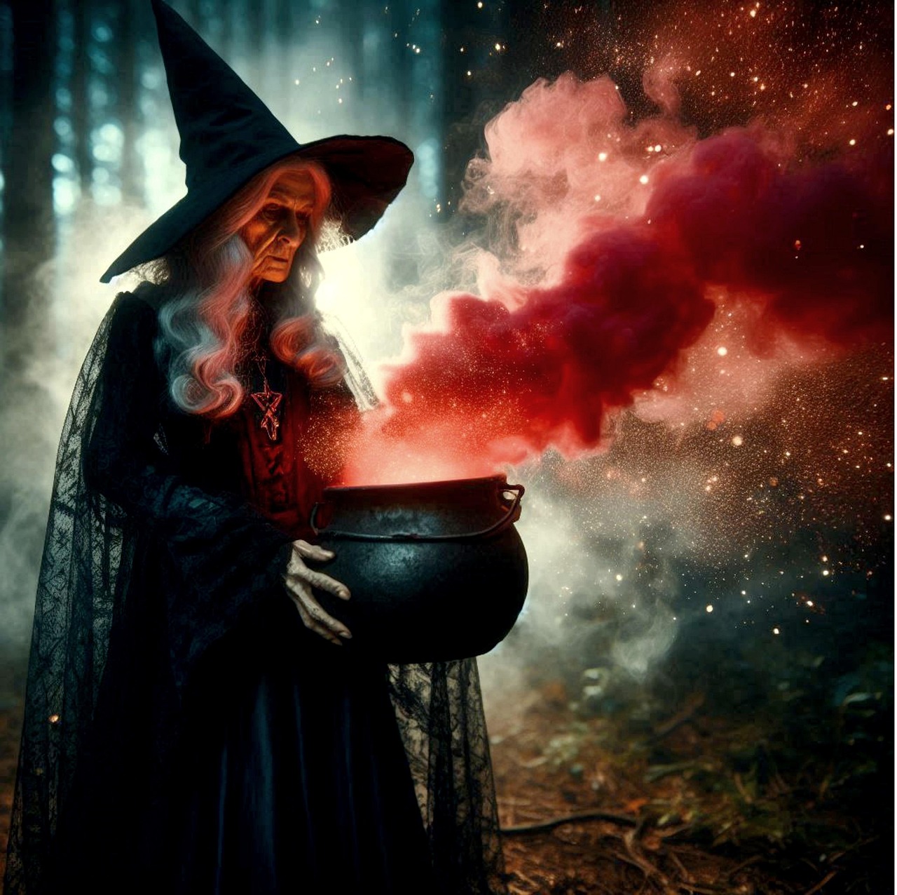 ai generated, witch, cauldron, smoke, ritual, halloween, old, magic, woman, fantasy, witchcraft, gruesome, mystical, night, silhouette, fire bowl, fire