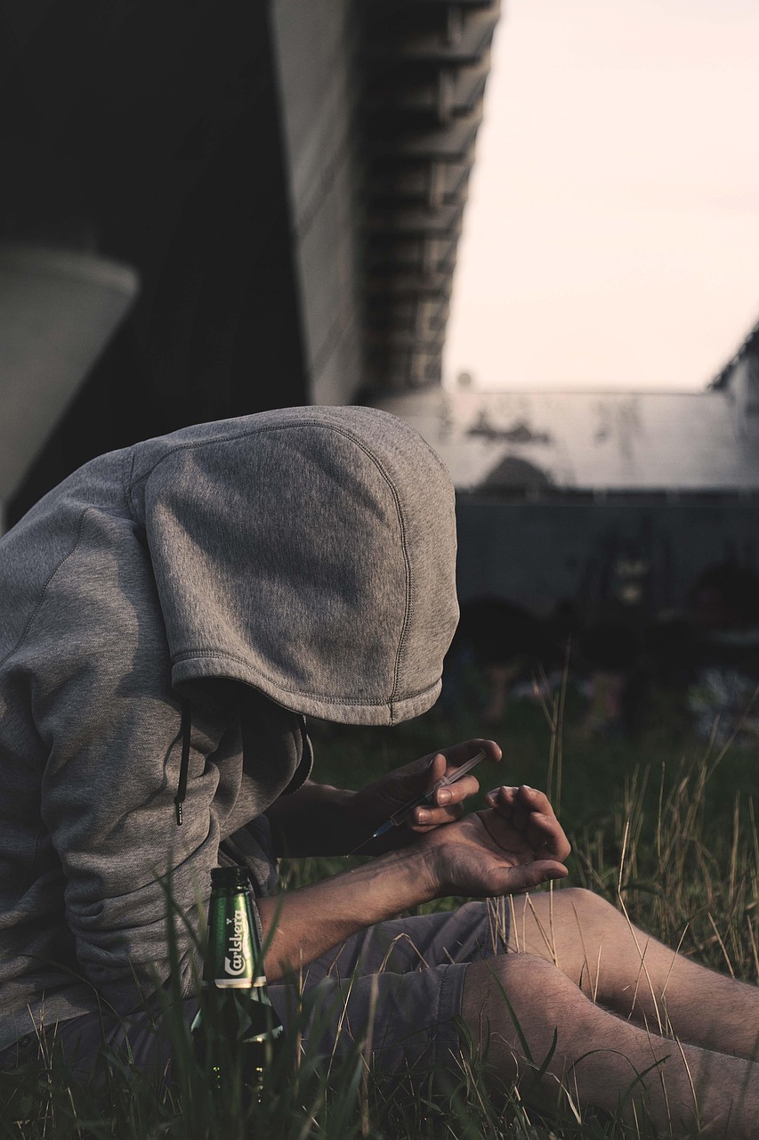addiction, drug addiction, drug addict, addiction treatment, hiv, aids, drug use, breaking, breaking drug, heroin withdrawal, syringe, syringe with the drug, injection, vein, man, boy, sitting, grass, bottle, blouse, in the hood, without a face, the face is hidden, summer, street, outside, use, heroin addiction, pain, despair, loneliness, under the bridge, bridge, bum, tramp, hands, russia, moscow, emotions, photo, alcoholism treatment, rehabilitation, alcohol, alcoholic beverage, dependent, drunk, alcoholic, drunkard, alcoholism, alcohol poisoning, lonely, thump, booze, binge, gloomy, sullen, depression, intoxicated, hangover, health, person, human, sad, sadly, sadness, voltage, stress, wine