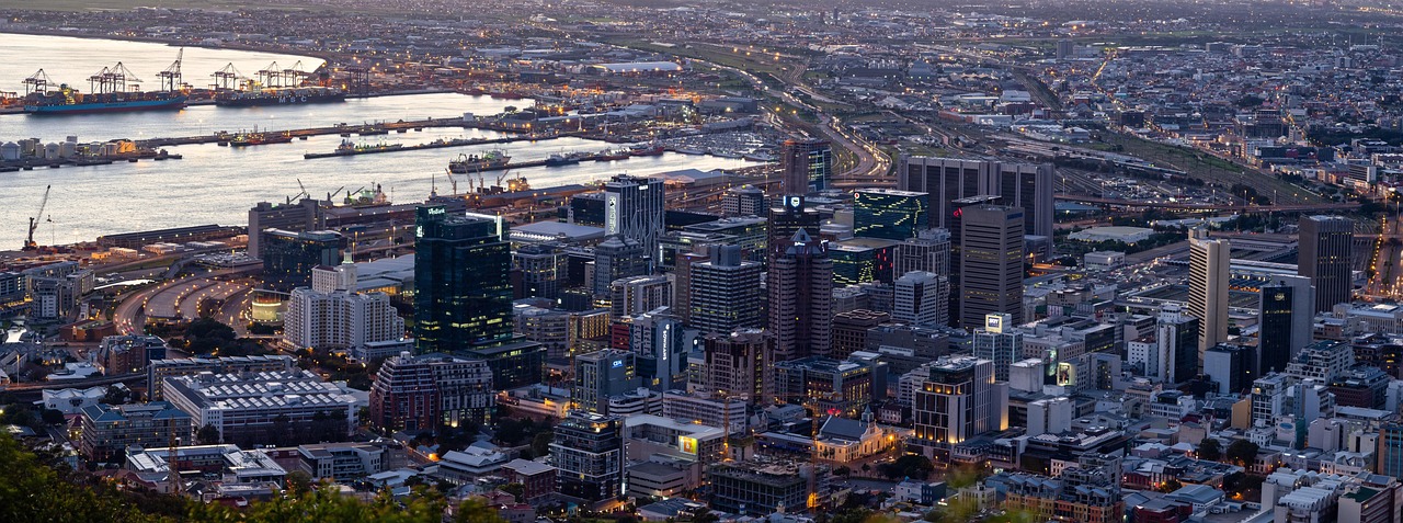 city, urban, architecture, harbour, aerial view, buildings, cityscape, panorama, skyline, cape town, sea, night, landscape