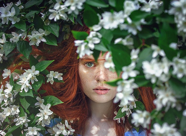 girl, beauty, fairytales, fantasy, female, nature, hair, beautiful flowers, portrait, face, look, flowers, flower background, hidden, flower wallpaper, mysterious
