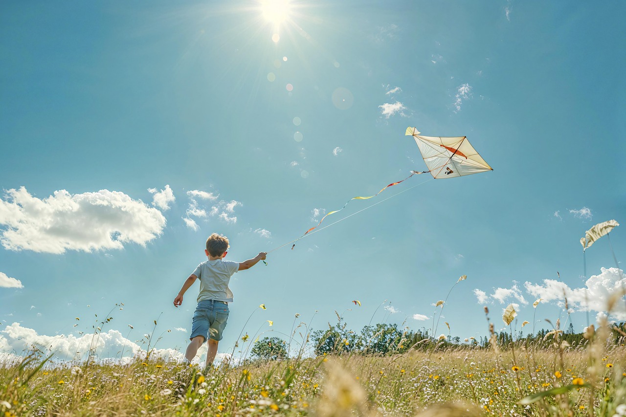 kid, kite, field, darling, sunny, summer, nature, liberty, play, open air, blue, green, fun, childhood, fly, exercise, prairie, happiness, day, light, landscape, clouds, air, movement