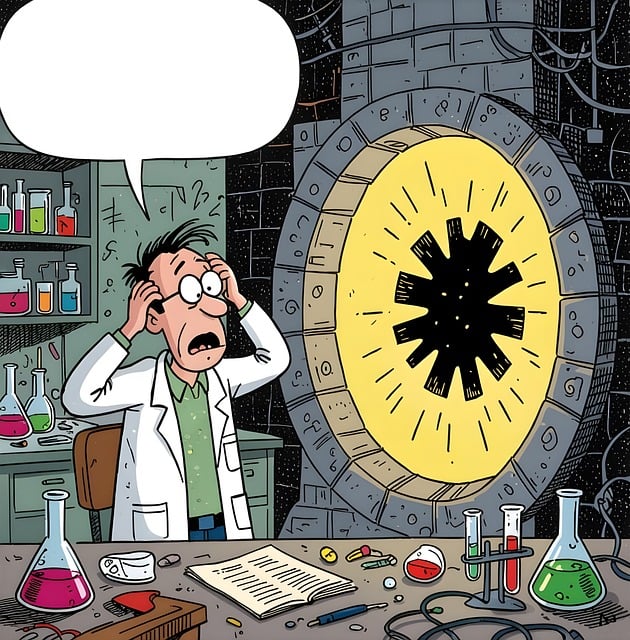 scientist, laboratory, doctor, science, research, lab, man, chemistry, experiment, person, fantasy, portal, door, doorway, gate, dimension, surprise, astonishment, cartoon, funny, humor, copy space, ai generated