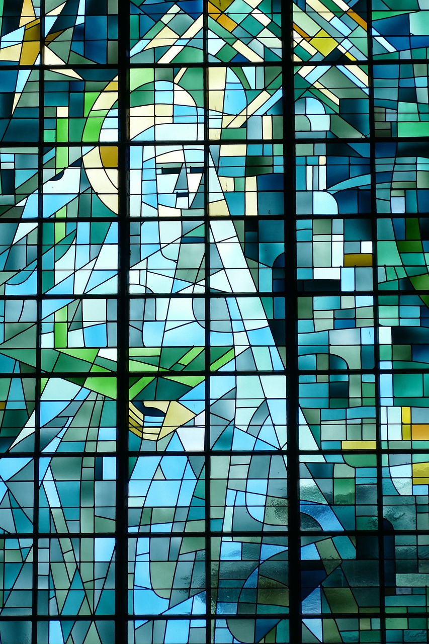 chapelle notre-dame-du-bon-port, saint-valery-en-caux, normandy, france, window, wall, glass, stained glass, blue, green, sea, water, religion, art, work of art, light, detail