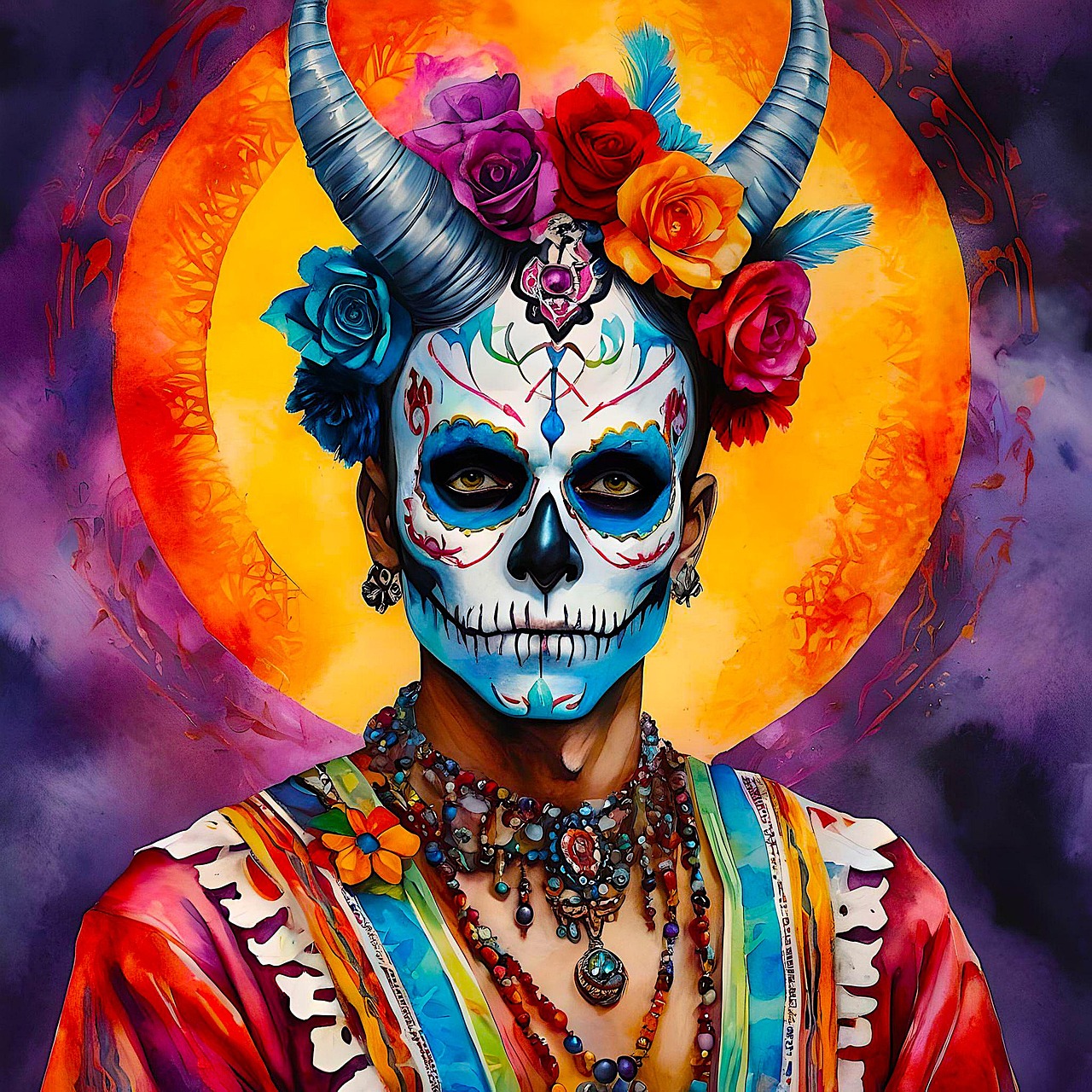 ai generated, día de los muertos, day of the dead, mexico, demon, prince, fantasy, watercolour, colourful, artwork