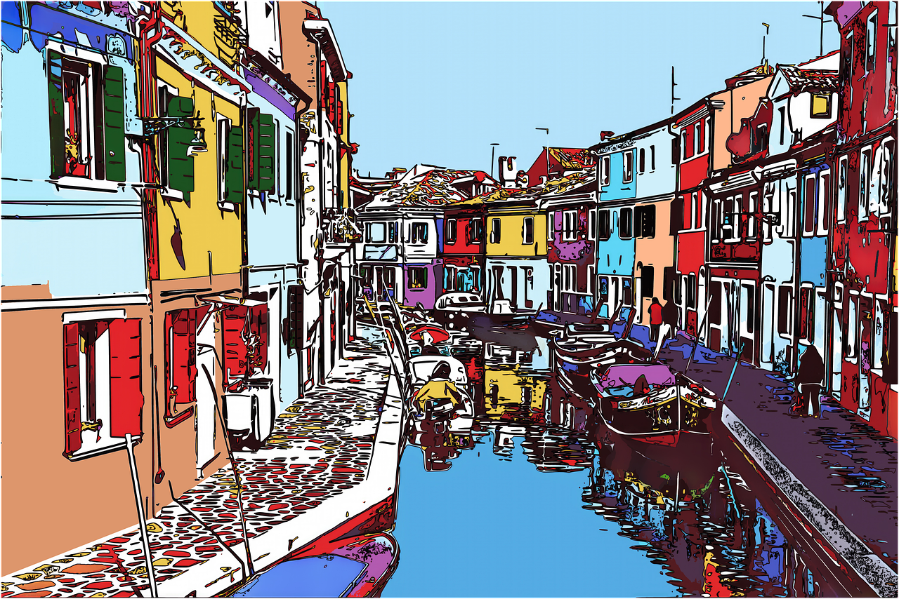 murano, venice, island, digital art, painting, polychrome, colorful houses, water, boats, urban landscape, characteristic, tourism